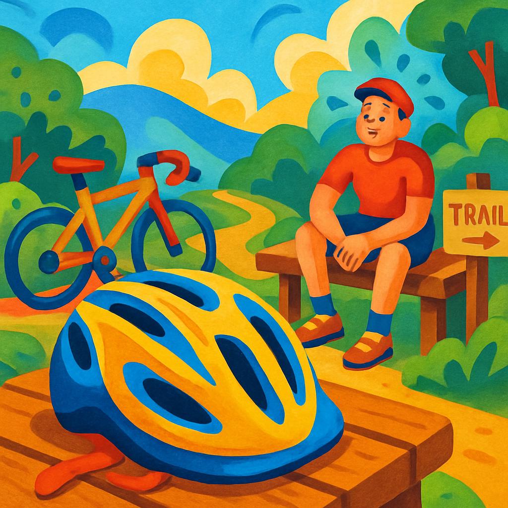 A cartoon illustration of a man with a bike and helmet on a trail.